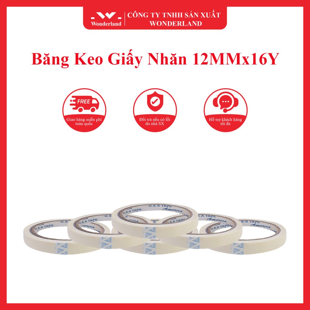 BĂNG KEO GIẤY NHĂN 12MM x 16Y CHẤT LƯỢNG CAO VỚI GIÁ SỈ TỐT NHẤT TẠI CÔNG TY WONDERLAND