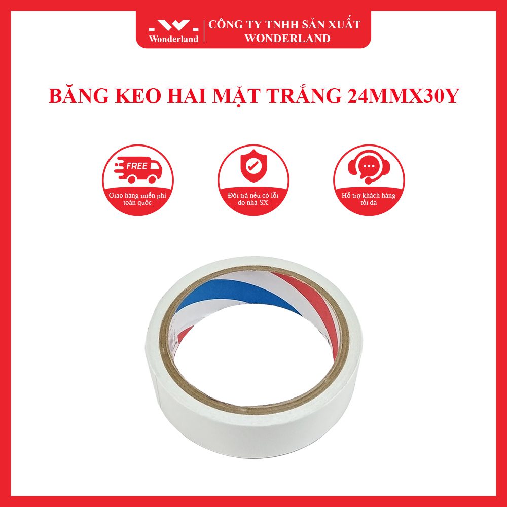 BĂNG KEO 2 MẶT TRẰNG 24MM x 30Y CHẤT LƯỢNG CAO TẠI WONDERLAND