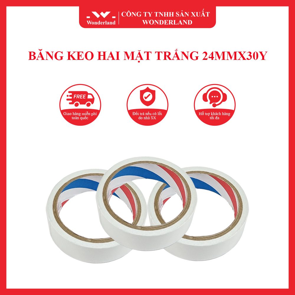 BĂNG KEO 2 MẶT TRẰNG 24MM x 30Y GIÁ SỈ TỐT NHẤT TẠI WONDERLAND