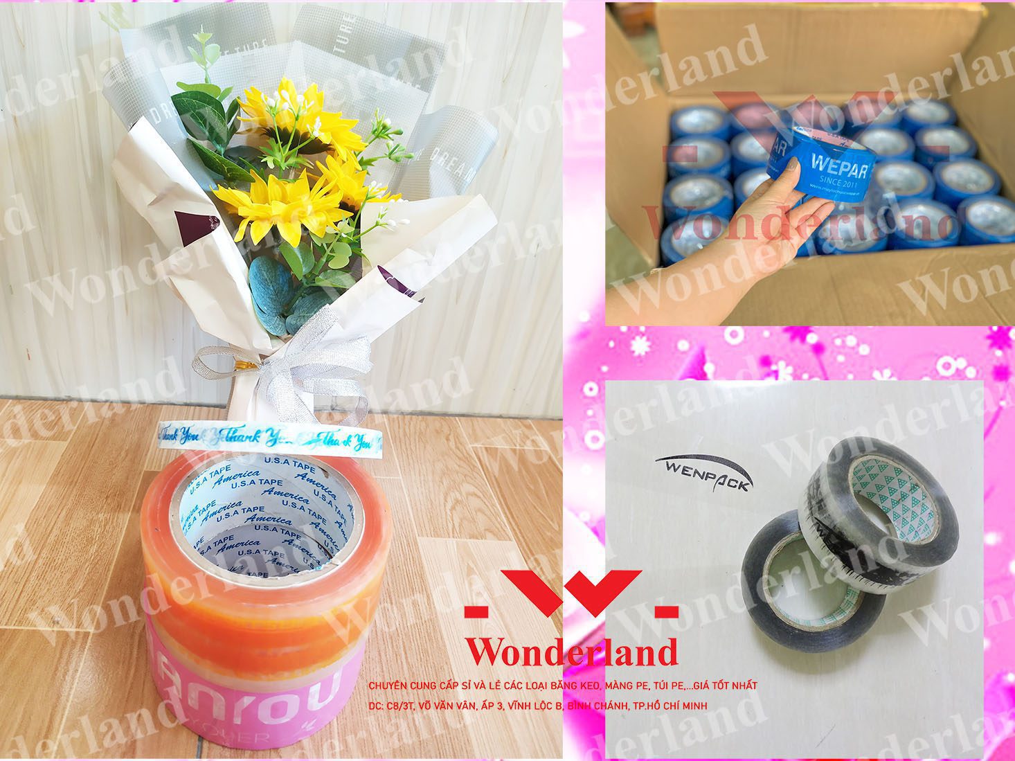 BĂNG KEO IN 48MM DÁN THÙNG THƯƠNG HIỆU WONDERLAND NHIỀU MÀU THEO YÊU CẦU GIÁ SỈ TỐT NHẤT