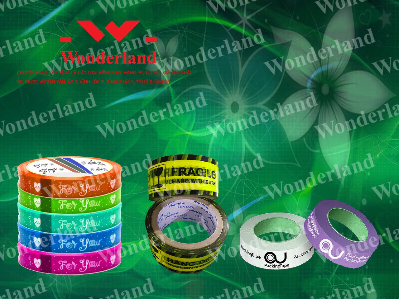 BĂNG KEO IN CHỮ WONDERLAND NHIỀU MÁU SẮC-KÍCH THƯỚC