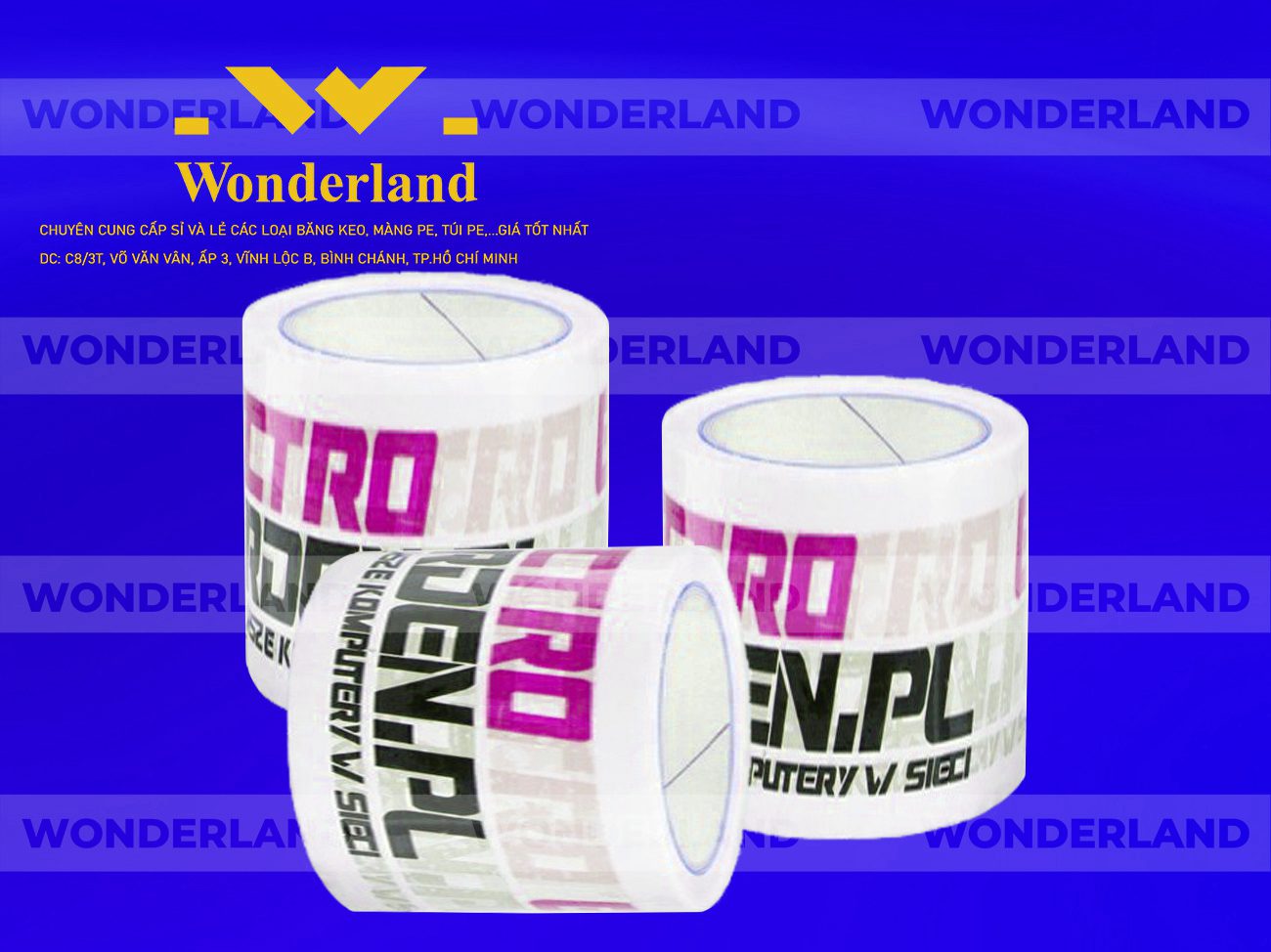 BĂNG KEO IN LOGO SIZE 69MM WONDERLAND GIÁ SỈ TỐT NHẤT
