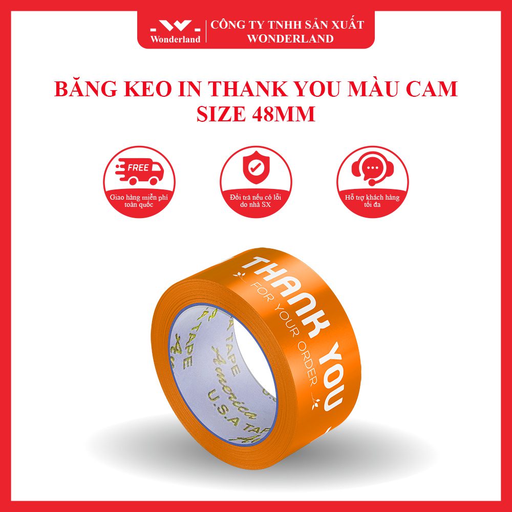 BĂNG KEO IN THANK YOU MÀU CAM SIZE 48MM WONDERLAND