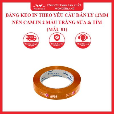 BĂNG KEO IN THEO YÊU CẦU DÁN LY 12MM NỀN CAM IN 2 MÀU TRẮNG SỮA & TÍM (MẪU 01) WONDERLAND