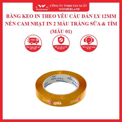BĂNG KEO IN THEO YÊU CẦU DÁN LY 12MM NỀN CAM NHẠT IN 2 MÀU TRẮNG SỮA & TÍM (MẪU 01) WONDERLAND