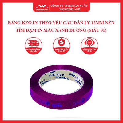 BĂNG KEO IN THEO YÊU CẦU DÁN LY 12MM NỀN TÍM ĐẬM IN MÀU XANH DƯƠNG (MẪU 01) WONDERLAND