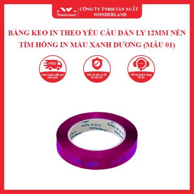 BĂNG KEO IN THEO YÊU CẦU DÁN LY 12MM NỀN TÍM HỒNG IN MÀU XANH DƯƠNG (MẪU 01) WONDERLAND