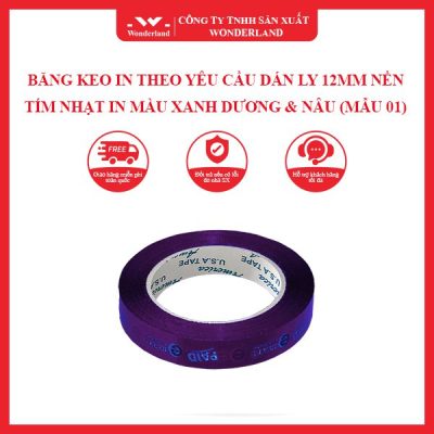 BĂNG KEO IN THEO YÊU CẦU DÁN LY 12MM NỀN TÍM NHẠT IN MÀU XANH DƯƠNG & NÂU (MẪU 01) WONDERLAND
