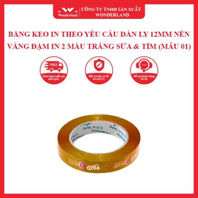 BĂNG KEO IN THEO YÊU CẦU DÁN LY 12MM NỀN VÀNG ĐẬM IN 2 MÀU TRẮNG SỮA & TÍM (MẪU 01) WONDERLAND