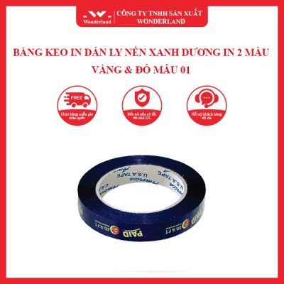 BĂNG KEO IN DÁN LY NỀN XANH DƯƠNG IN 2 MÀU VÀNG & ĐỎ MẪU 01 WONDERLAND