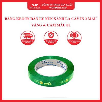 BĂNG KEO IN DÁN LY NỀN XANH LÁ CÂY IN 2 MÀU VÀNG & CAM MẪU 01 WONDERLAND