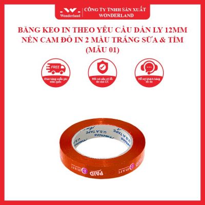 BĂNG KEO IN THEO YÊU CẦU DÁN LY 12MM NỀN CAM ĐỎ IN 2 MÀU TRẮNG SỮA & TÍM (MẪU 01) WONDERLAND