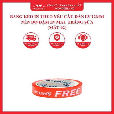 BĂNG KEO IN THEO YÊU CẦU DÁN LY 12MM NỀN ĐỎ ĐẬM IN MÀU TRẮNG SỮA (MẪU 02) WONDERLAND