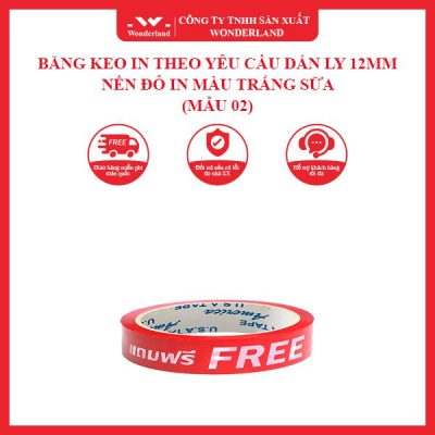 BĂNG KEO IN THEO YÊU CẦU DÁN LY 12MM NỀN ĐỎ IN MÀU TRẮNG SỮA (MẪU 02) WONDERLAND