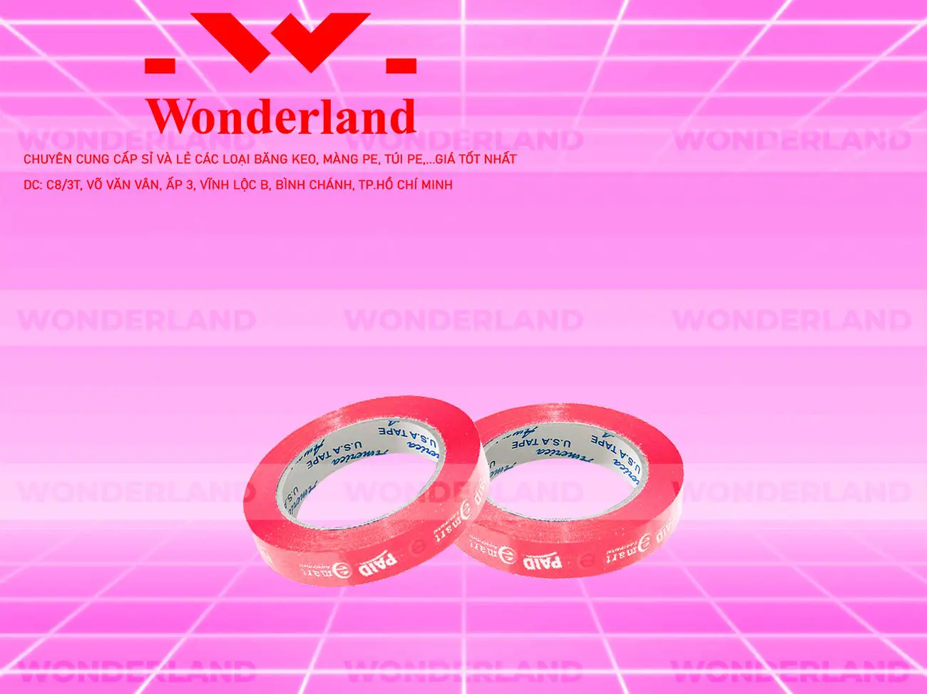 BĂNG KEO IN THEO YÊU CẦU DÁN LY 12MM NỀN HỒNG ĐẬM IN MÀU TRẮNG SỮA (MẪU 01) CHẤT LƯỢNG TẠI WONDERLAND