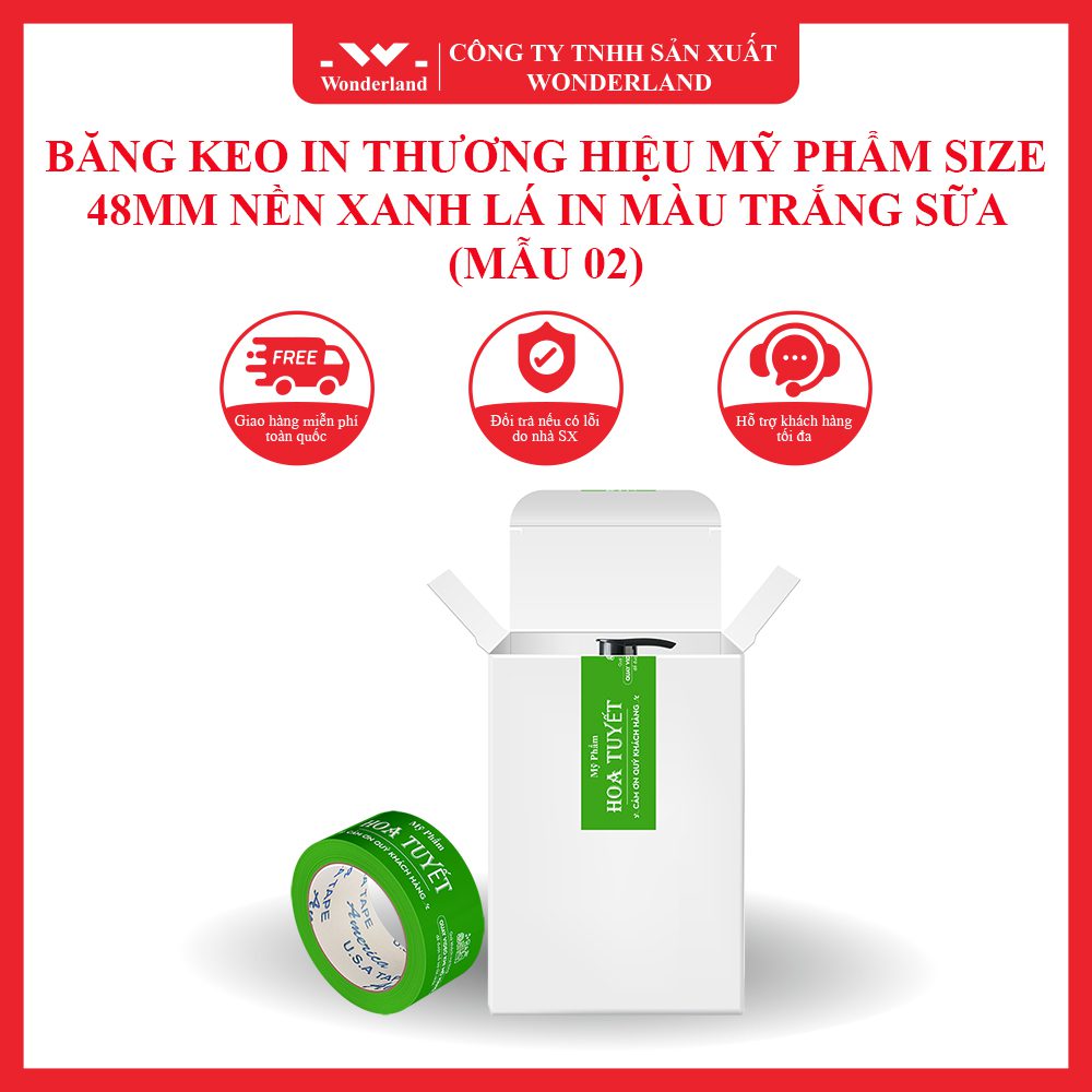 BĂNG KEO IN THƯƠNG HIỆU MỸ PHẨM SIZE 48MM NỀN XANH LÁ IN MÀU TRẮNG SỮA (MẪU 02)