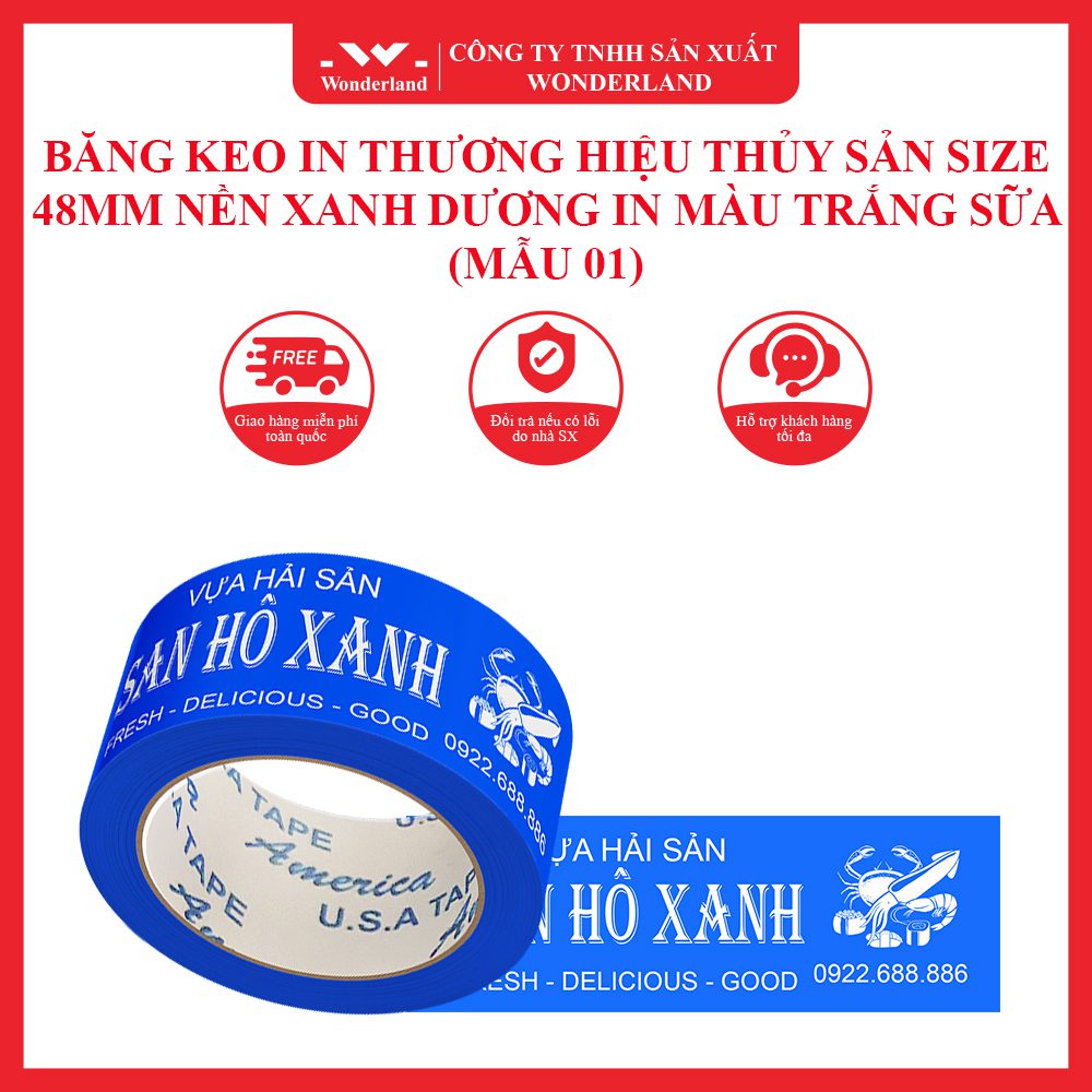 BĂNG KEO IN THƯƠNG HIỆU THỦY SẢN SIZE 48MM NỀN XANH DƯƠNG IN MÀU TRẮNG SỮA (MẪU 01)