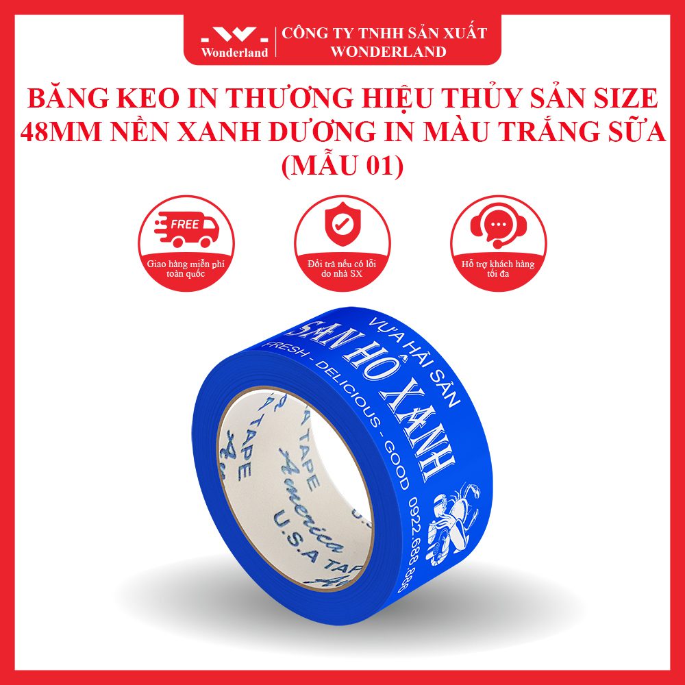 BĂNG KEO IN THƯƠNG HIỆU THỦY SẢN SIZE 48MM NỀN XANH DƯƠNG IN MÀU TRẮNG SỮA (MẪU 01) WONDERLAND SẢN XUẤT