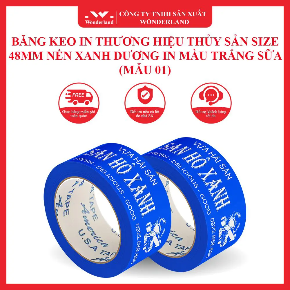 BĂNG KEO IN THƯƠNG HIỆU THỦY SẢN SIZE 48MM NỀN XANH DƯƠNG IN MÀU TRẮNG SỮA (MẪU 01) CHẤT LƯỢNG TẠI WONDERLAND