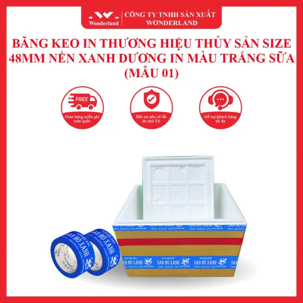 BĂNG KEO IN THƯƠNG HIỆU THỦY SẢN SIZE 48MM NỀN XANH DƯƠNG IN MÀU TRẮNG SỮA (MẪU 01) WONDERLAND
