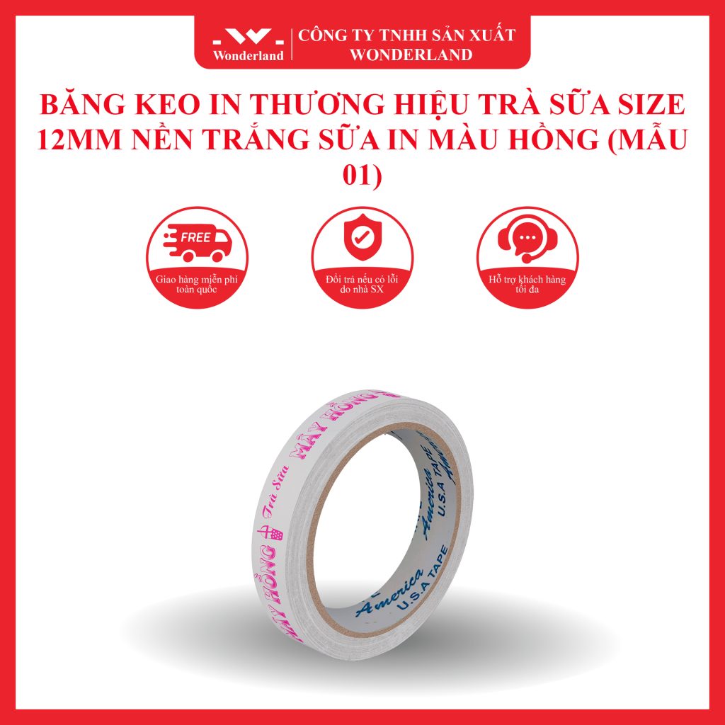 BĂNG KEO IN THƯƠNG HIỆU TRÀ SỮA SIZE 12MM NỀN TRẮNG SỮA IN MÀU HỒNG (MẪU 01) SẢN XUẤT BỞI WONDERLAND