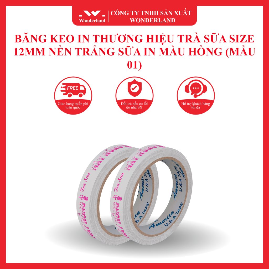 BĂNG KEO IN THƯƠNG HIỆU TRÀ SỮA SIZE 12MM NỀN TRẮNG SỮA IN MÀU HỒNG (MẪU 01) CHẤT LƯỢNG TẠI WONDERLAND