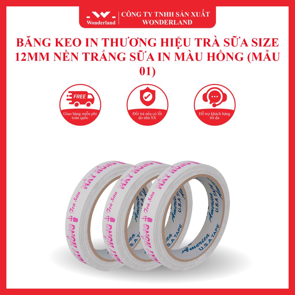 BĂNG KEO IN THƯƠNG HIỆU TRÀ SỮA SIZE 12MM NỀN TRẮNG SỮA IN MÀU HỒNG (MẪU 01) MÀU SẮC PHONG THỦY TẠI WONDERLAND