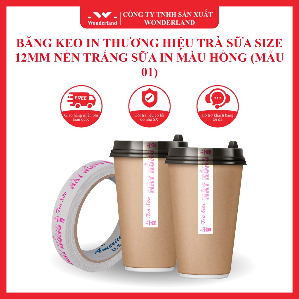 BĂNG KEO IN THƯƠNG HIỆU TRÀ SỮA SIZE 12MM NỀN TRẮNG SỮA IN MÀU HỒNG (MẪU 01) GIÁ SỈ TỐT NHẤT TẠI WONDERLAND