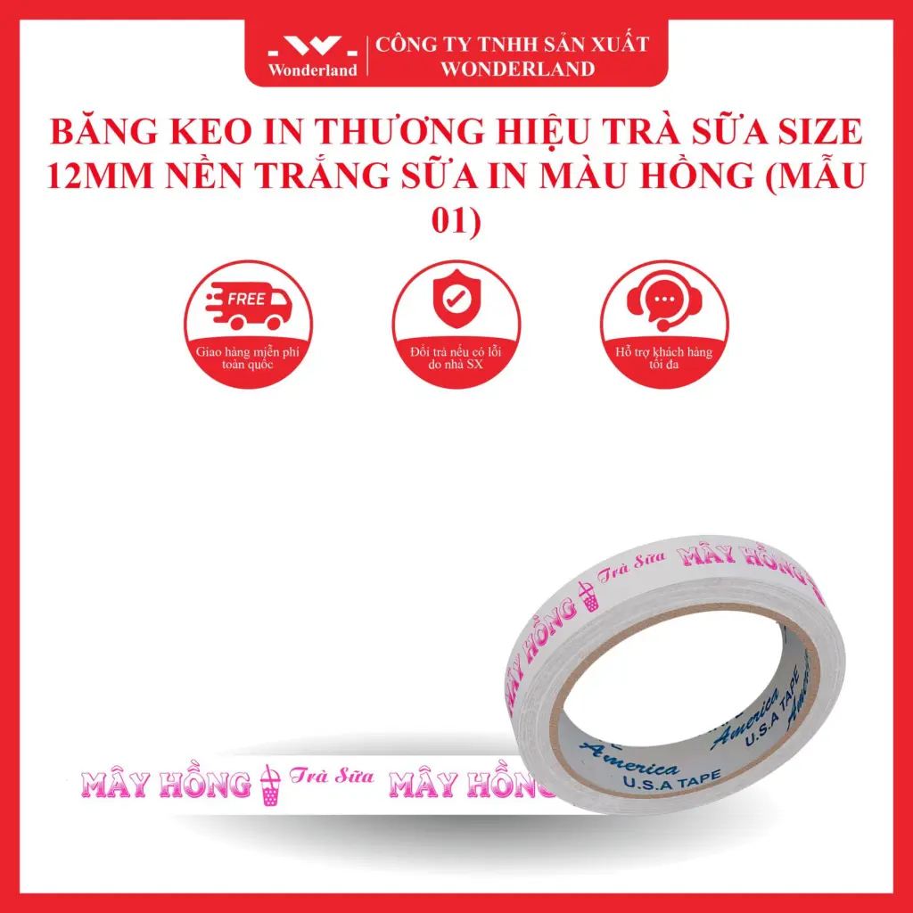 BĂNG KEO IN THƯƠNG HIỆU TRÀ SỮA SIZE 12MM NỀN TRẮNG SỮA IN MÀU HỒNG (MẪU 01)