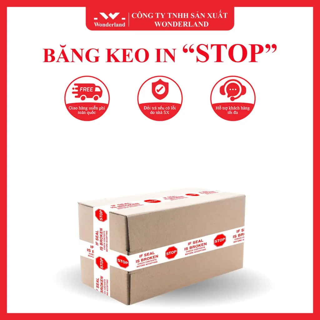 BĂNG KEO IN CHỮ CẢNH BÁO STOP DÁN THÙNG