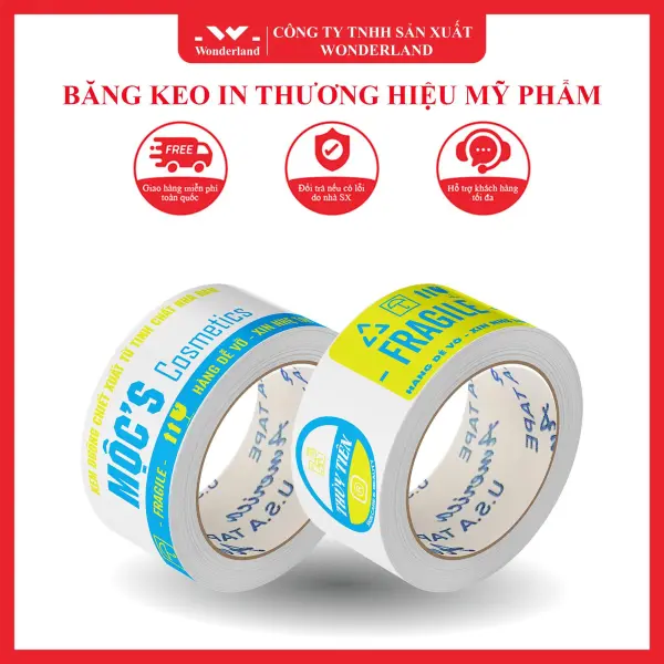 BĂNG KEO IN THƯƠNG HIỆU MỸ PHẨM SIZE 48MM NỀN TRẮNG SỮA IN 2 MÀU XANH DA TRỜI & VÀNG (MẪU 01) WONDERLAND