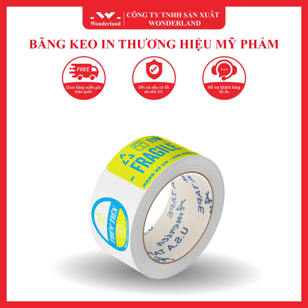 BĂNG KEO IN THƯƠNG HIỆU MỸ PHẨM SIZE 48MM NỀN TRẮNG SỮA IN 2 MÀU XANH DA TRỜI & VÀNG (MẪU 01)