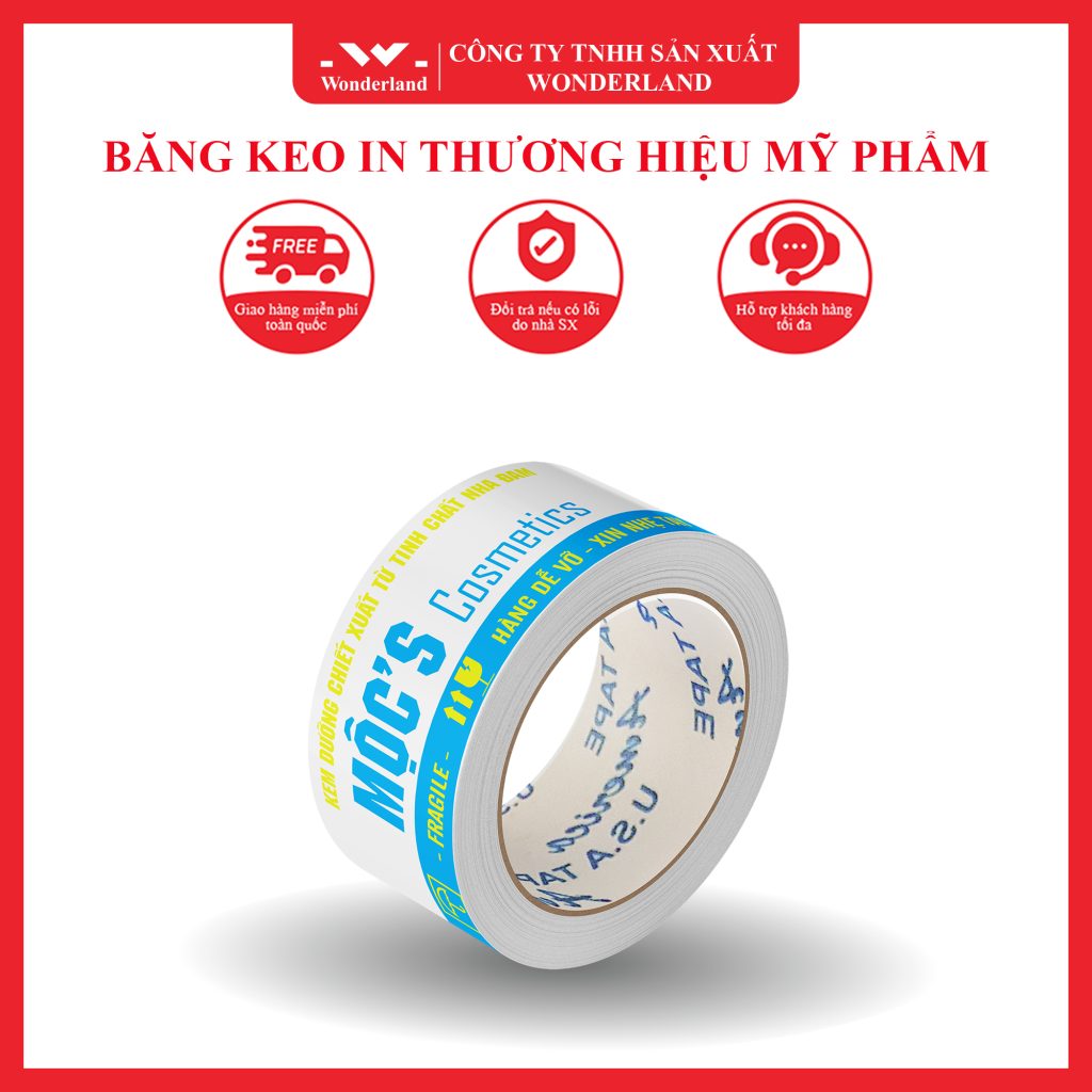 BĂNG KEO IN THƯƠNG HIỆU MỸ PHẨM SIZE 48MM NỀN TRẮNG SỮA IN 2 MÀU XANH DA TRỜI & VÀNG (MẪU 01) SẢN XUẤT TẠI WONDERLAND
