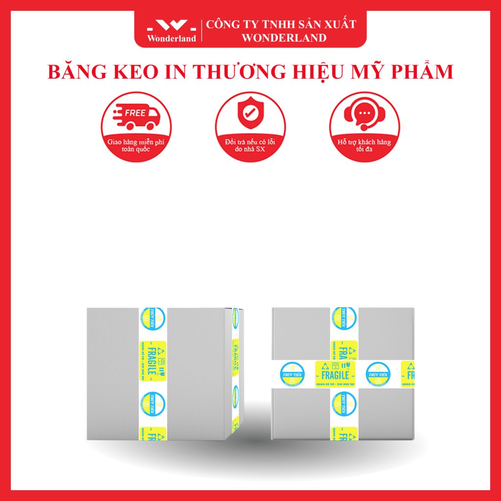 BĂNG KEO IN THƯƠNG HIỆU MỸ PHẨM SIZE 48MM NỀN TRẮNG SỮA IN 2 MÀU XANH DA TRỜI & VÀNG (MẪU 01) CHẤT LƯỢNG TẠI WONDERLAND