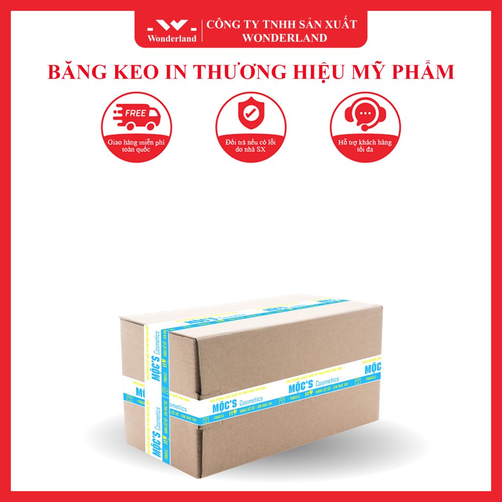 SỬ DỤNG BĂNG KEO IN THƯƠNG HIỆU MỸ PHẨM SIZE 48MM NỀN TRẮNG SỮA IN 2 MÀU XANH DA TRỜI & VÀNG (MẪU 01) MANG LẠI NHIỀU LỢI ÍCH