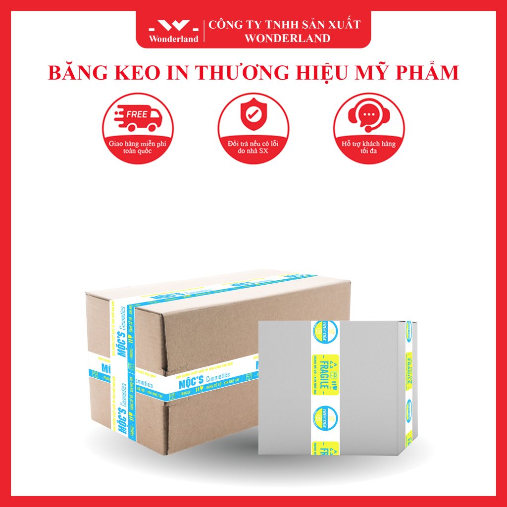 BĂNG KEO IN THƯƠNG HIỆU MỸ PHẨM SIZE 48MM NỀN TRẮNG SỮA IN 2 MÀU XANH DA TRỜI & VÀNG (MẪU 01) MÀU SẮC PHONG THỦY