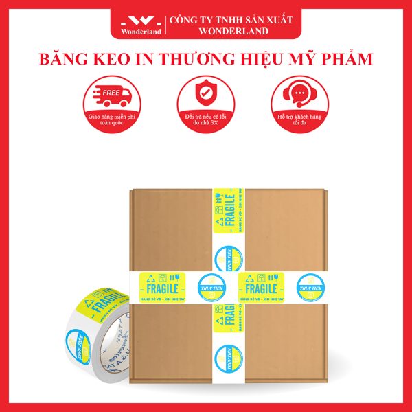 BĂNG KEO IN THƯƠNG HIỆU MỸ PHẨM SIZE 48MM NỀN TRẮNG SỮA IN 2 MÀU XANH DA TRỜI & VÀNG (MẪU 01) 1