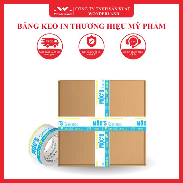 BĂNG KEO IN THƯƠNG HIỆU MỸ PHẨM SIZE 48MM NỀN TRẮNG SỮA IN 2 MÀU XANH DA TRỜI & VÀNG (MẪU 01) 2
