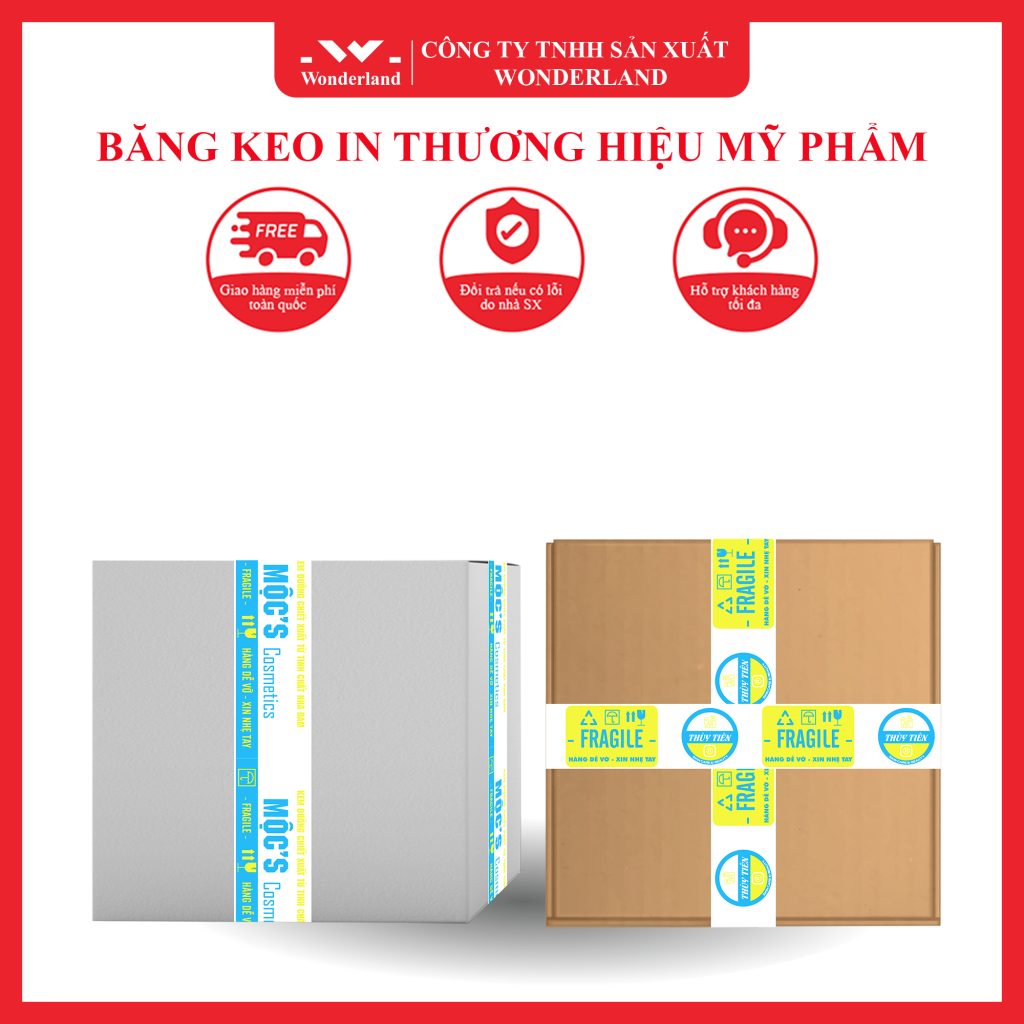 BĂNG KEO IN THƯƠNG HIỆU MỸ PHẨM SIZE 48MM NỀN TRẮNG SỮA IN 2 MÀU XANH DA TRỜI & VÀNG (MẪU 01) GIÁ SỈ TỐT NHẤT TẠI WONDERLAND