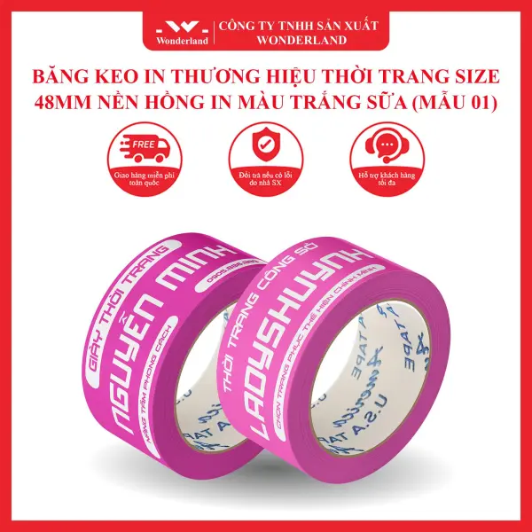 BĂNG KEO IN THƯƠNG HIỆU THỜI TRANG SIZE 48MM NỀN HỒNG IN MÀU TRẮNG SỮA (MẪU 01) WONDERLAND
