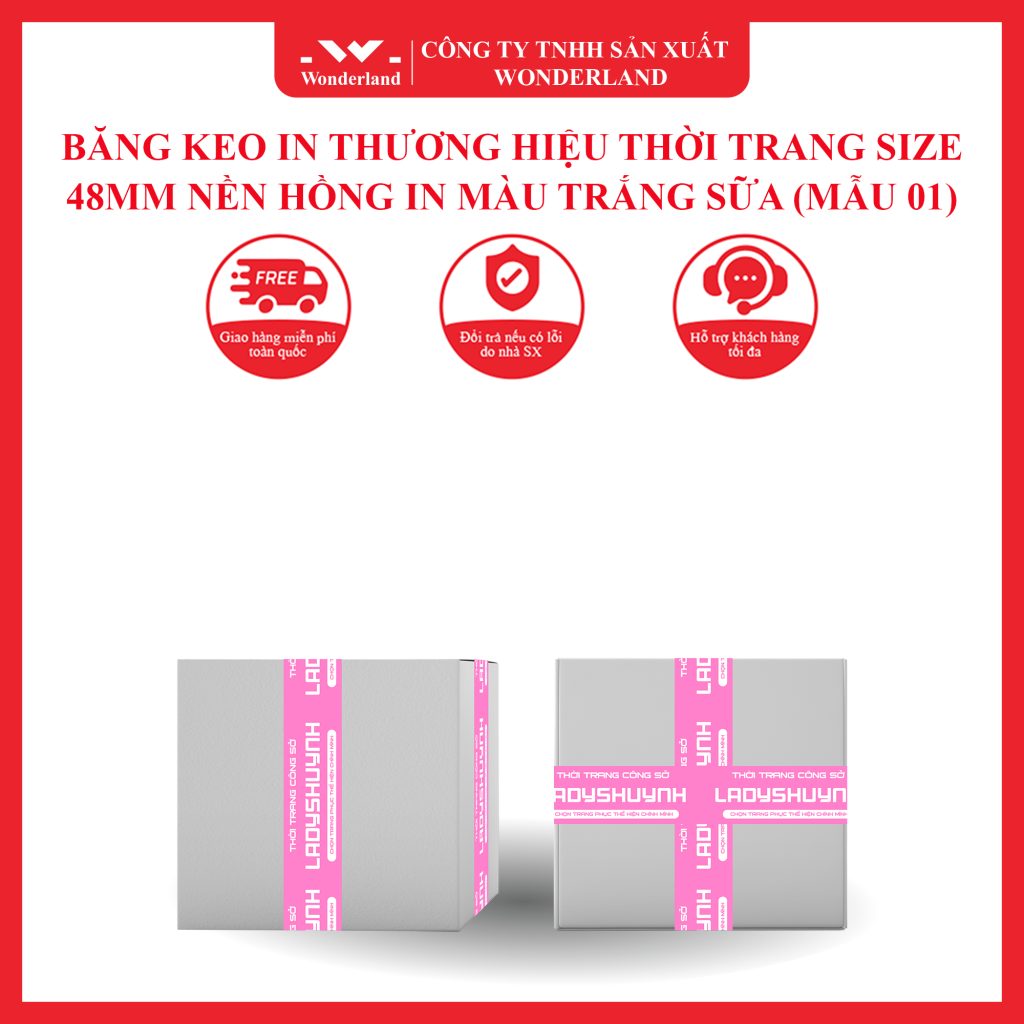 BĂNG KEO IN THƯƠNG HIỆU THỜI TRANG SIZE 48MM NỀN HỒNG IN MÀU TRẮNG SỮA (MẪU 01)
