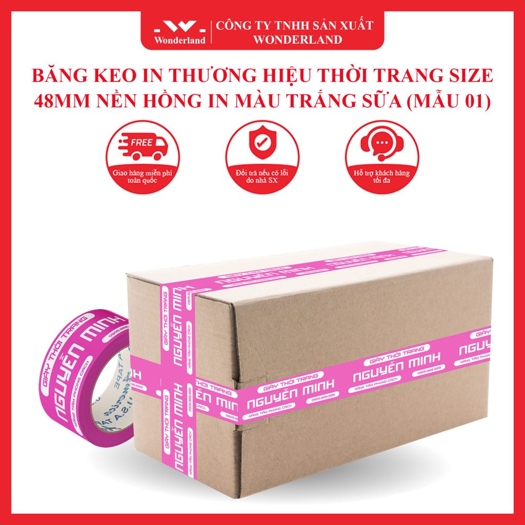 BĂNG KEO IN THƯƠNG HIỆU THỜI TRANG SIZE 48MM NỀN HỒNG IN MÀU TRẮNG SỮA (MẪU 01) MÀU SẮC PHONG THỦY TẠI WONDERLAND