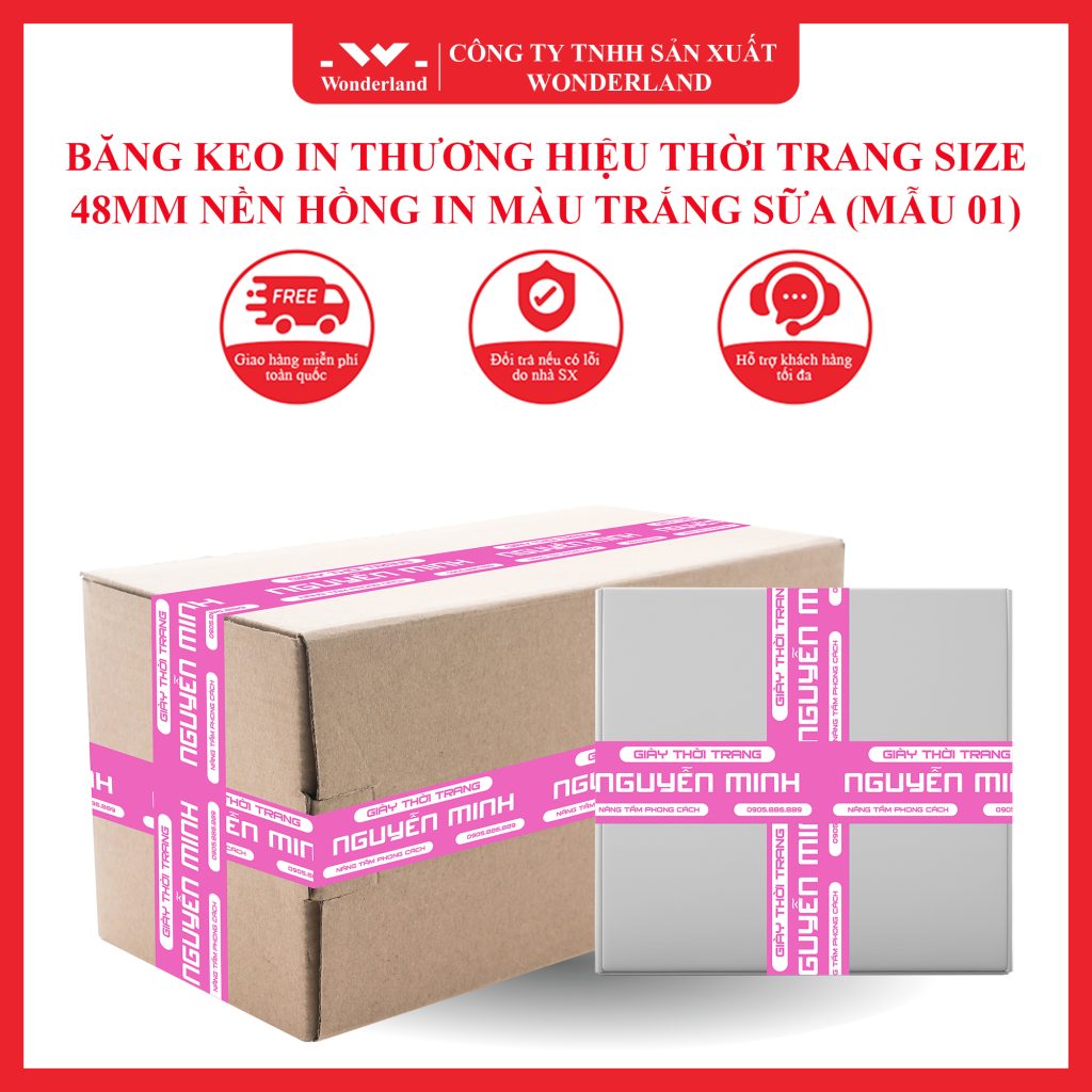 BĂNG KEO IN THƯƠNG HIỆU THỜI TRANG SIZE 48MM NỀN HỒNG IN MÀU TRẮNG SỮA (MẪU 01) CHẤT LƯỢNG HÀNG ĐẦU TẠI WONDERLAND