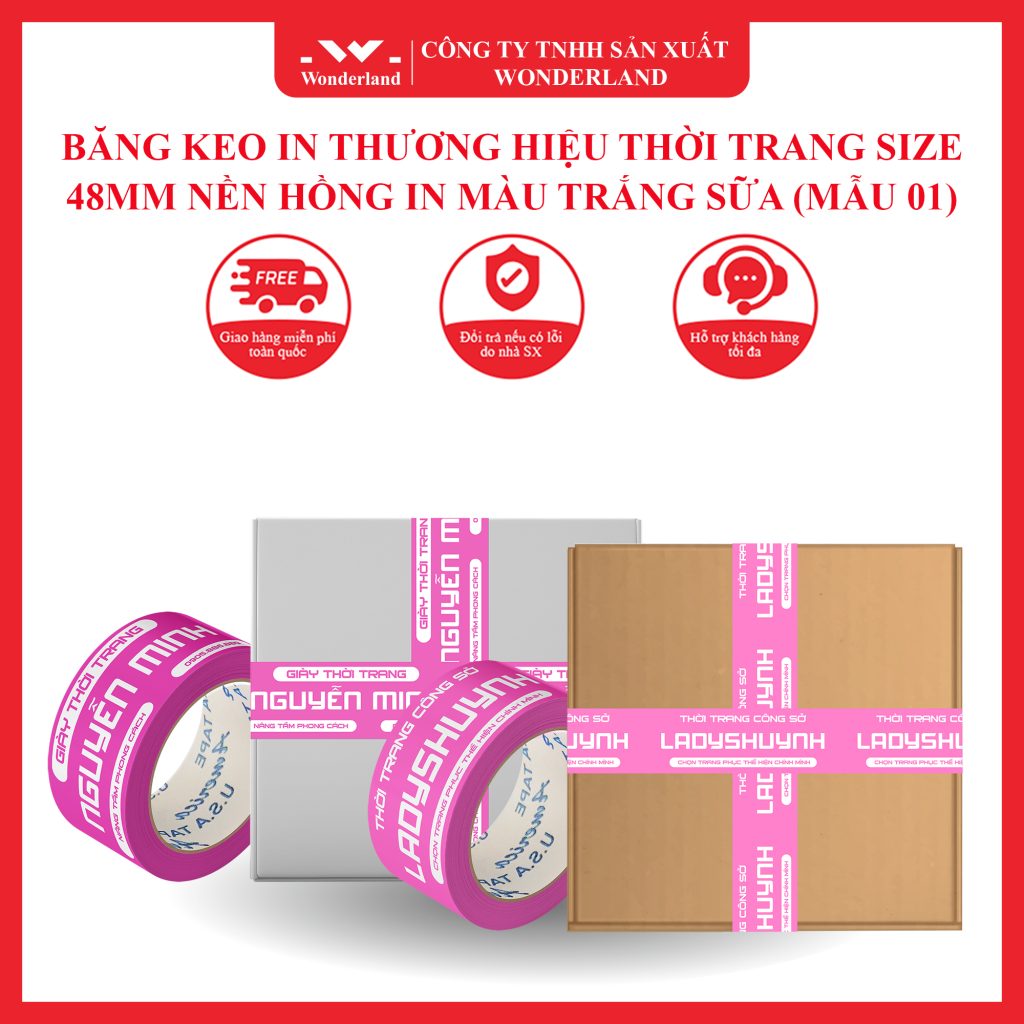 BĂNG KEO IN THƯƠNG HIỆU THỜI TRANG SIZE 48MM NỀN HỒNG IN MÀU TRẮNG SỮA (MẪU 01) GIÁ SỈ TỐT NHẤT TẠI WONDERLAND