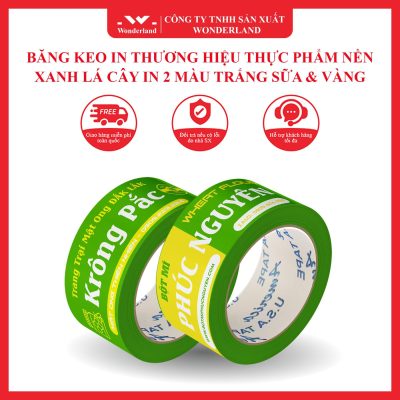 BĂNG KEO IN THƯƠNG HIỆU THỰC PHẨM NỀN XANH LÁ CÂY IN 2 MÀU TRẮNG SỮA & VÀNG WONDERLAND