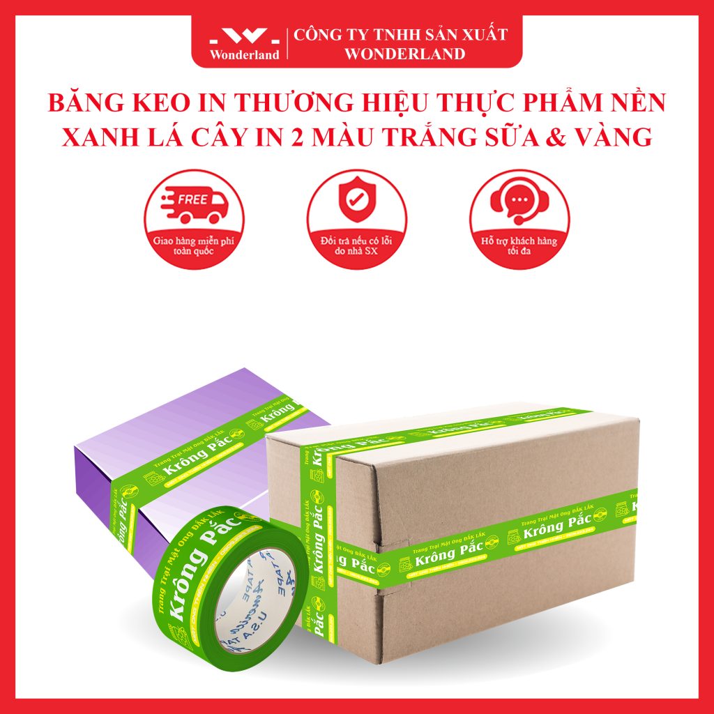 BĂNG KEO IN THƯƠNG HIỆU THỰC PHẨM NỀN XANH LÁ CÂY IN 2 MÀU TRẮNG SỮA & VÀNG GIÁ SỈ TỐT NHẤT TẠI WONDERLAND