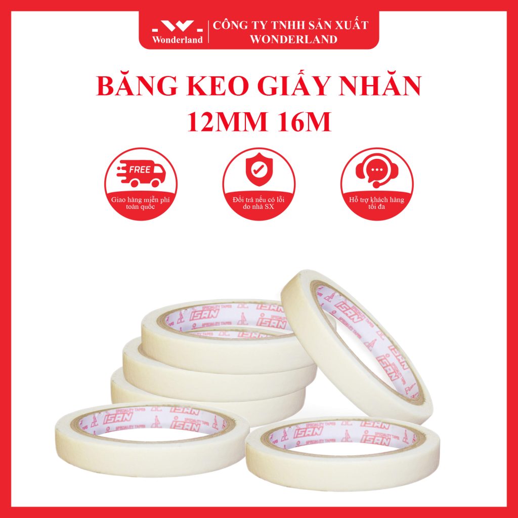 BĂNG KEO GIẤY NHĂN 12MM x 16M WONDERLAND CHẤT LƯỢNG CAO - GIÁ SỈ TỐT NHẤT