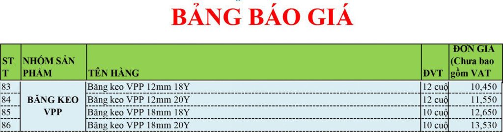 Bảng báo giá băng keo văn phòng phẩm