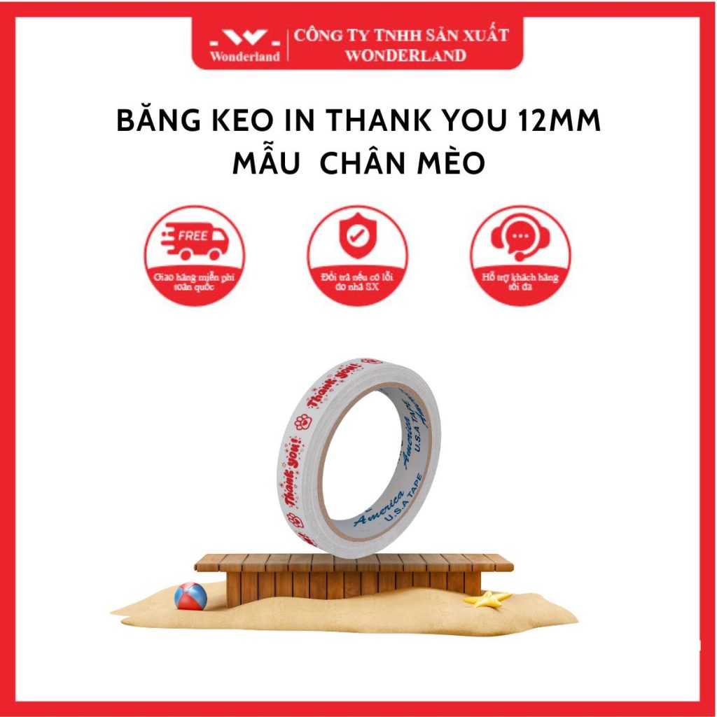 BĂNG KEO IN THANK YOU 12MM MẪU CHÂN MÈO