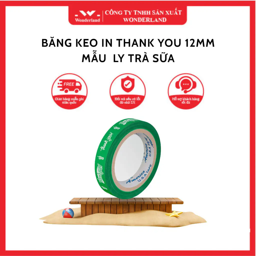BĂNG KEO IN THANK YOU 12MM MẪU LY TRÀ SỮA